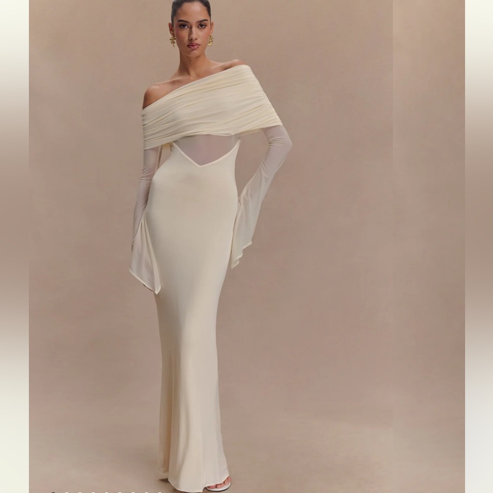 Meshki Cream Off-Shoulder Mesh Maxi Dress